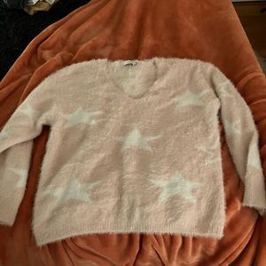 Pink with white stars lush sweater, sooo fuzzy , size small